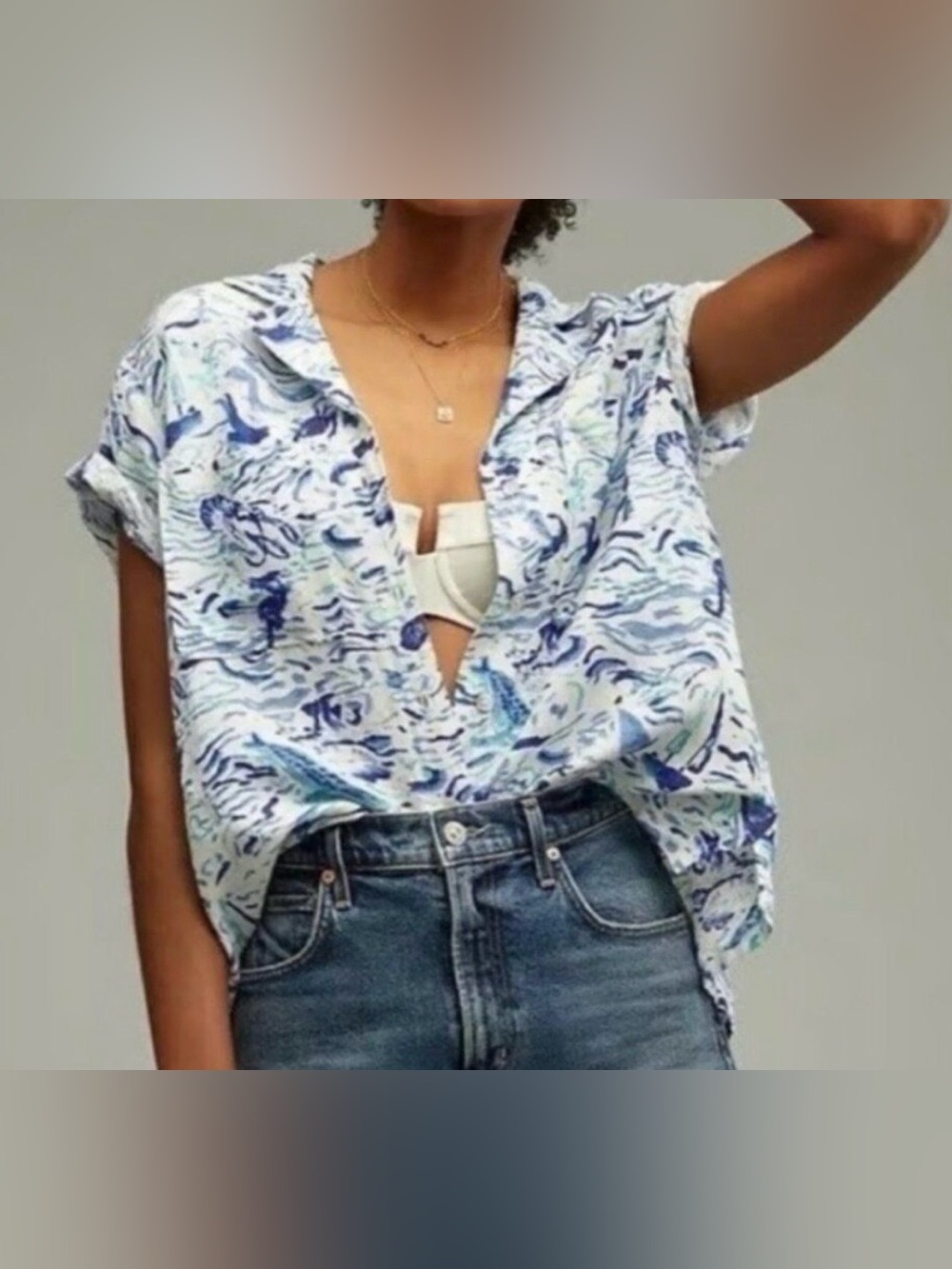 Maeve Anthropologie Button Down White And Blue Surf Shirt XS Linen Blend NEW